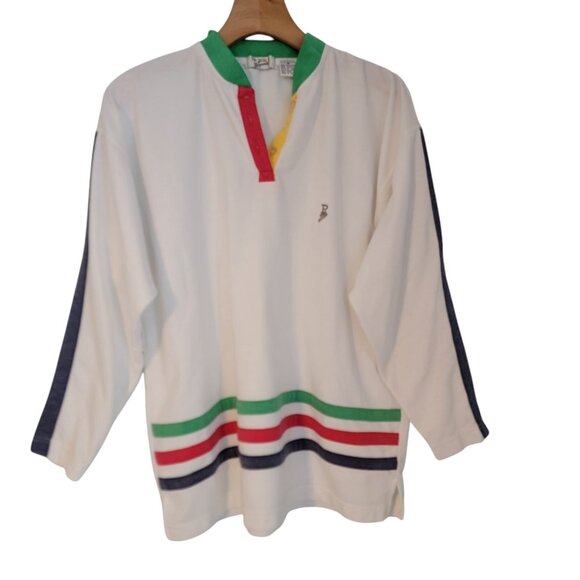 Vintage Personal Sport Polo Shirt Sz M  Colorful Side Stripe Long‎ Sleeve 80s - Picture 1 of 9